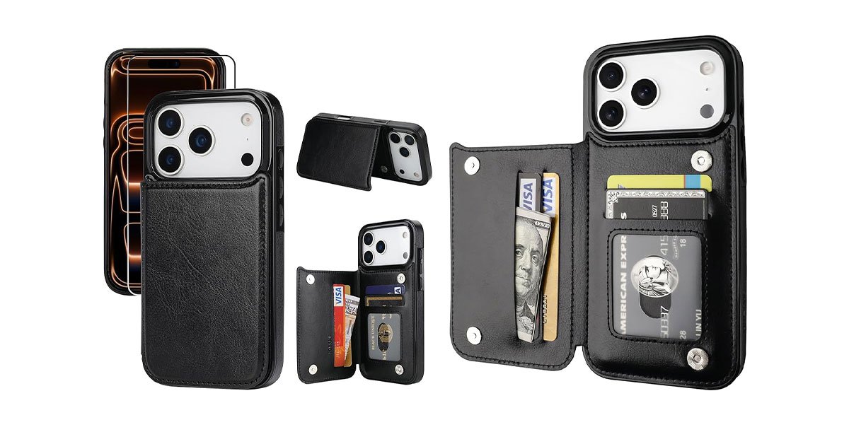 black leather iphone 17 pro max case with card holder 2026